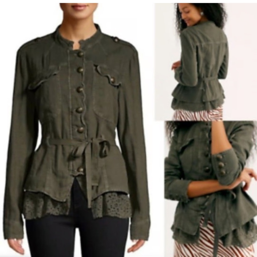 Free People Emilia Army Green Military Lace trim tie jacket women size Medium